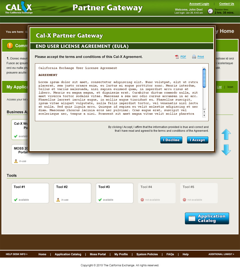 Cal-X Gateway Web Application (EULA) design